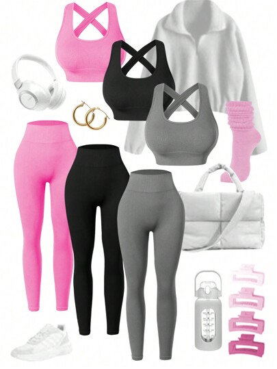 Eassivo Women's Solid Color Ribbed & Slim Fit Yoga Sportswear Set Workout Women Set Women Workout Set Gym Women Outfit