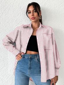 SHEIN Cottnline قميص نسائي مخطط بجيب أمامي - عنابي اللون - مشاهدة 3