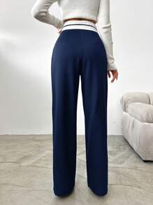 EURMUSE Women's Contrast Color Folded Waistline Slant Pocket Suit Pants - Navy Blue - View 2
