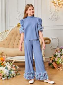 SHEIN Tween Girl Cute Blue Two Pieces Set With 3D Frill Decoration Puff Sleeve Shirt And Long Pants - Blue - View 6