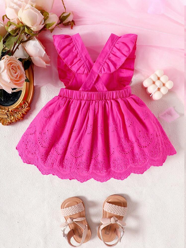 SHEIN Playful Pals Vestido de niña lindo con cuello cuadrado de verano, manga corta con volantes, quemado y con bordado floral - Rosa Fucsia - Añade 2