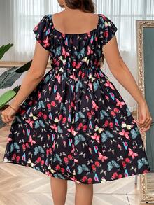 SHEIN Holidaya Plus Size Kỳ nghỉ Giải trí Váy in hình bướm có eo thon và cổ áo dễ thương - màu đen - Xem 2