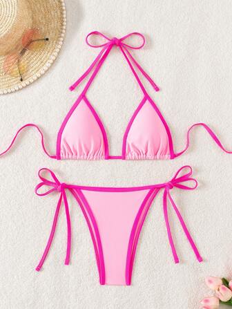 Swim Mod Ladies Contrast Color Halter Strap Simple And Fashionable Bikini Separates Swimming Suit For Vacation, Summer Beach