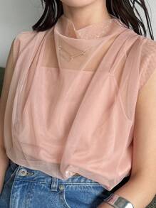 FRIFUL Women Summer Casual Solid Color Sheer Mesh Top - Pink - View 6
