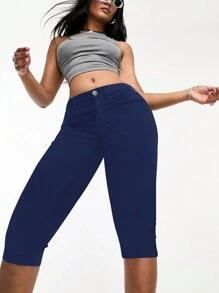 Apperloth A High Waist Super Stretchy Side Pocket Slim Fit Capri Pants, Classic Casual & Comfortable - Navy Blue - View 1