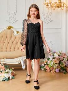 SHEIN Tween Girl Cute Elegant Simple Fashion One-Shoulder Long Jumpsuit - Black - View 4