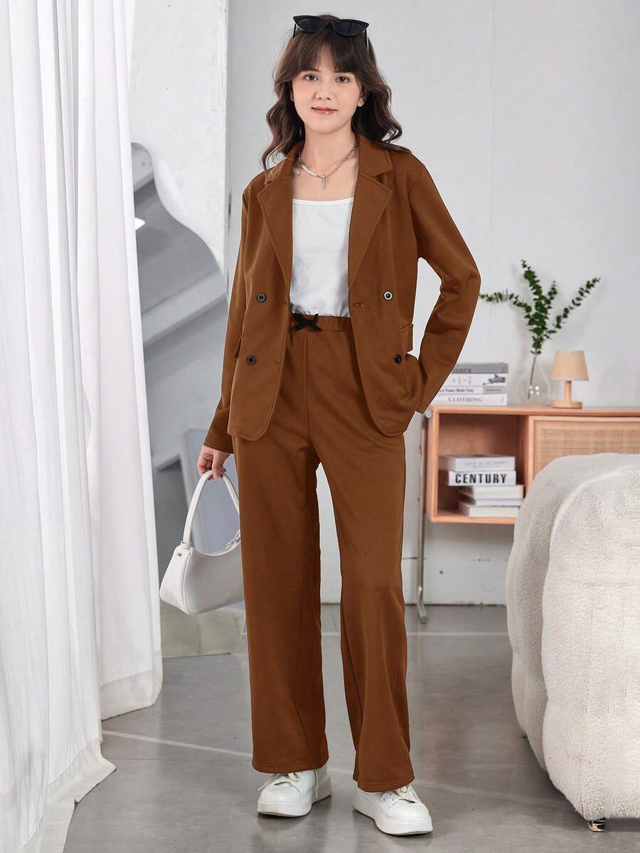 青少年女孩雙排釦翻蓋細節西裝外套和褲子不帶T恤 - 棕色 - 查看 1