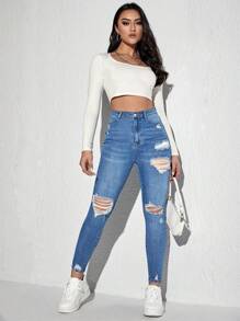 Jeanoix Women Ripped Skinny Jeans, Versatile And Fashionable Y2k - Medium Wash - View 3