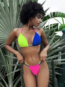 SHEIN Swim Women's Summer Beach Holiday Colorblock Neon Halter Tie Bikini Swimwear Set Bathing Suit - Multicolor - View 5
