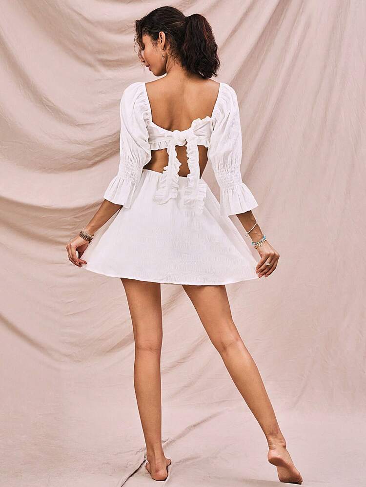 Summer Holiday Bubble Sleeve Square Neckline Hollow Out Waist-Revealing A-Line Dress