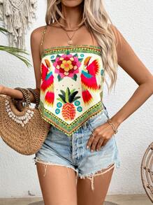 Breezaya Women Summer Vacation Style Floral Print Asymmetrical Hem Cami Top Graphic Tees Women Tops