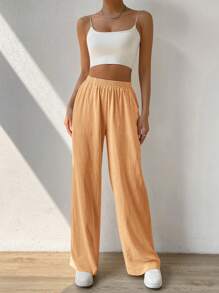 SHEIN EZwear 實心休閒斜口袋亞麻寬腿褲 - 黃色 - 查看 6