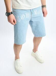 Manfinity Hypemode Quần short denim Bermuda giản dị dành cho nam có túi in chữ - Màu xanh lam - Xem 8