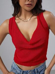 SHEIN Unity Women Solid Color Knitted Vest Top With Draped Neckline - Red - View 6