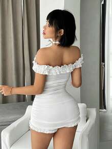 SHEIN ICON Y2k Trang phục mùa hè mùa xuân Váy ngắn màu trắng Váy trắng cho nữ Váy trắng Váy ren Váy ngắn màu trắng Hai kiểu dáng Vải xếp ren Ảo giác Cổ lưới Bodycon Dress - trắng - Xem 4