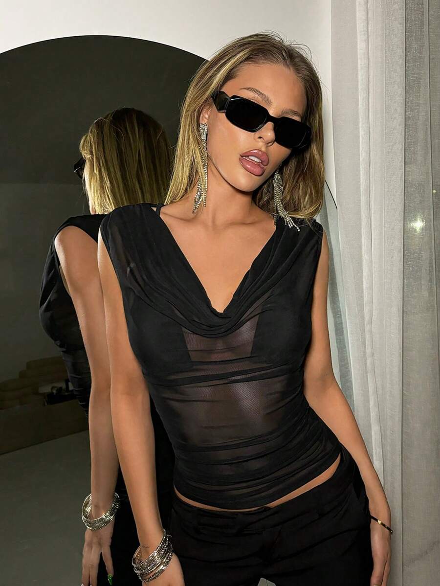 SHEIN ICON Áo tank top nữ Y2k ôm sát, chất liệu lưới xuyên thấu, cổ áo rộng và thiết kế xếp ly, màu đen, phong cách Kpop, thích hợp đi dự concert, lễ hội âm nhạc mùa hè. - màu đen - Xem 1