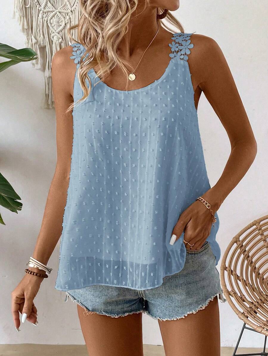 Breezaya Ladies" Solid Color Tank Top With Scoop Neck And Decorative Flowers - Baby Blue - View 1