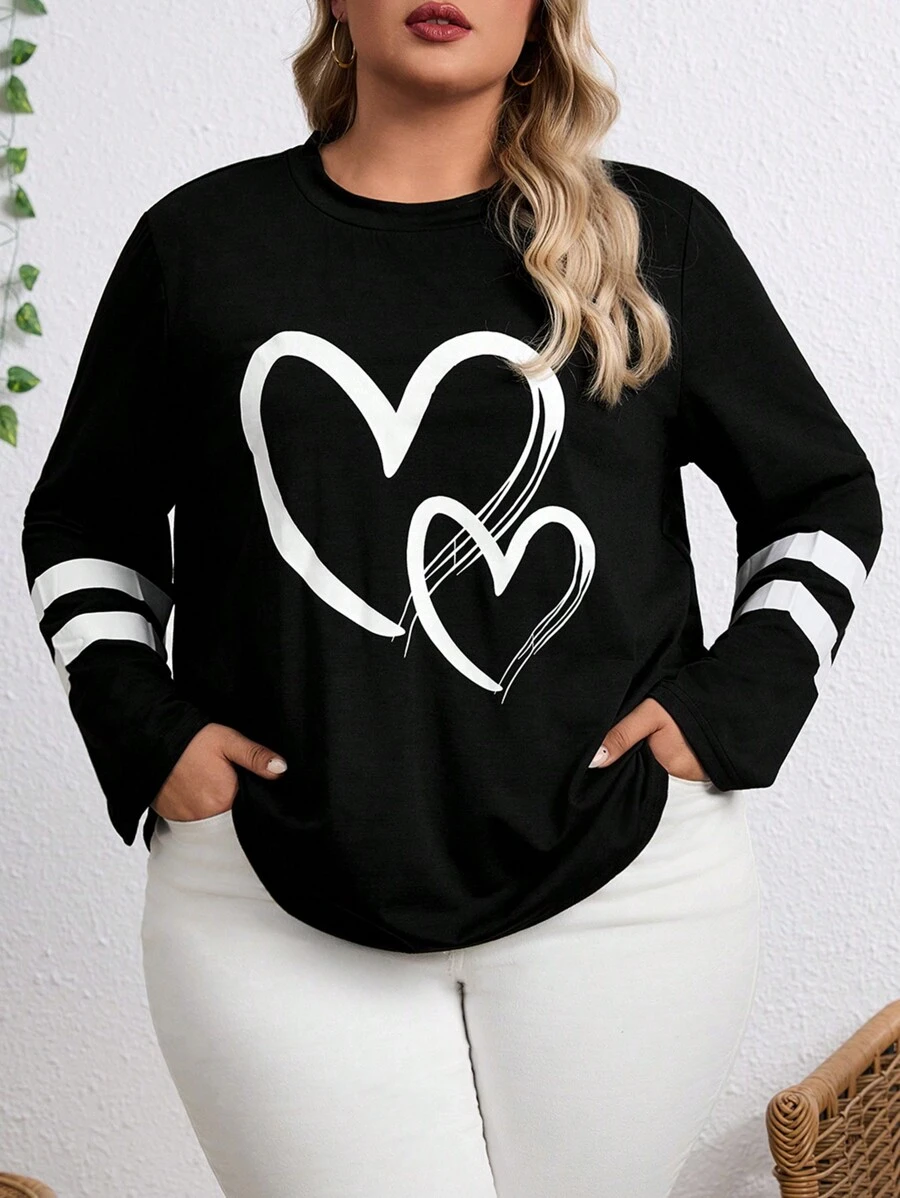 大码女式黑色心形印花宽松圆领长袖休闲 T 恤春秋季图案 T 恤女式上衣春季服装