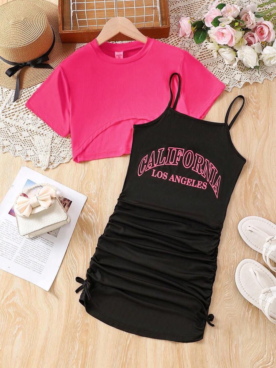 Teen Girl Round Neck Solid Color Short Front Long Back Short Sleeve Top + Letter Printed Spaghetti Strap Pleated Dress Two Pieces Set - Hot Pink - View 1
