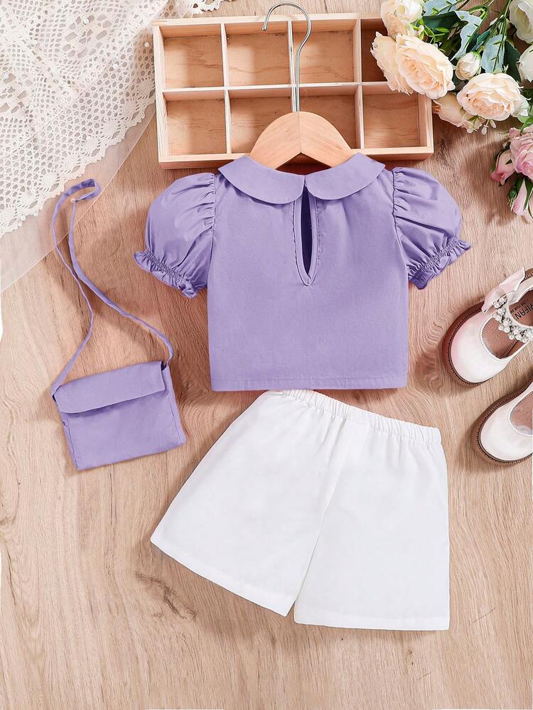 Baby Girl Casual Solid Color Doll Neck Short Sleeve Shirt Shorts Set
