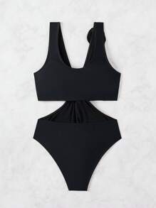 SHEIN Swim 假日純色扭結空心3D花卉裝飾連身泳衣，夏季海灘 - 黑色 - 查看 4