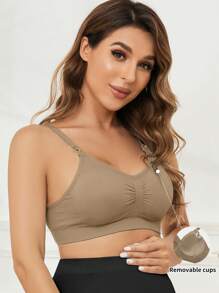 SHEIN Áo ngực cho con bú xếp nếp màu trơn - Cà phê nâu - Xem 3