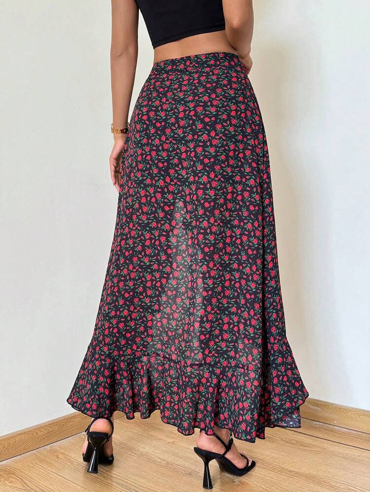 Summer Ditsy Floral Print Ruffle Trim Asymmetrical Hem Skirt