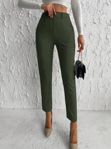 EURMUSE Solid Color Button With Zipper And Pockets Regular Pants - Army Green - View 3