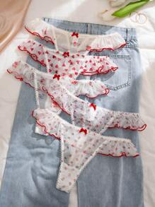 PetitDoll PetitDoll 5pcs Cute Printed Mesh Breathable Ruffled Sexy Thongs Panties Lingerie