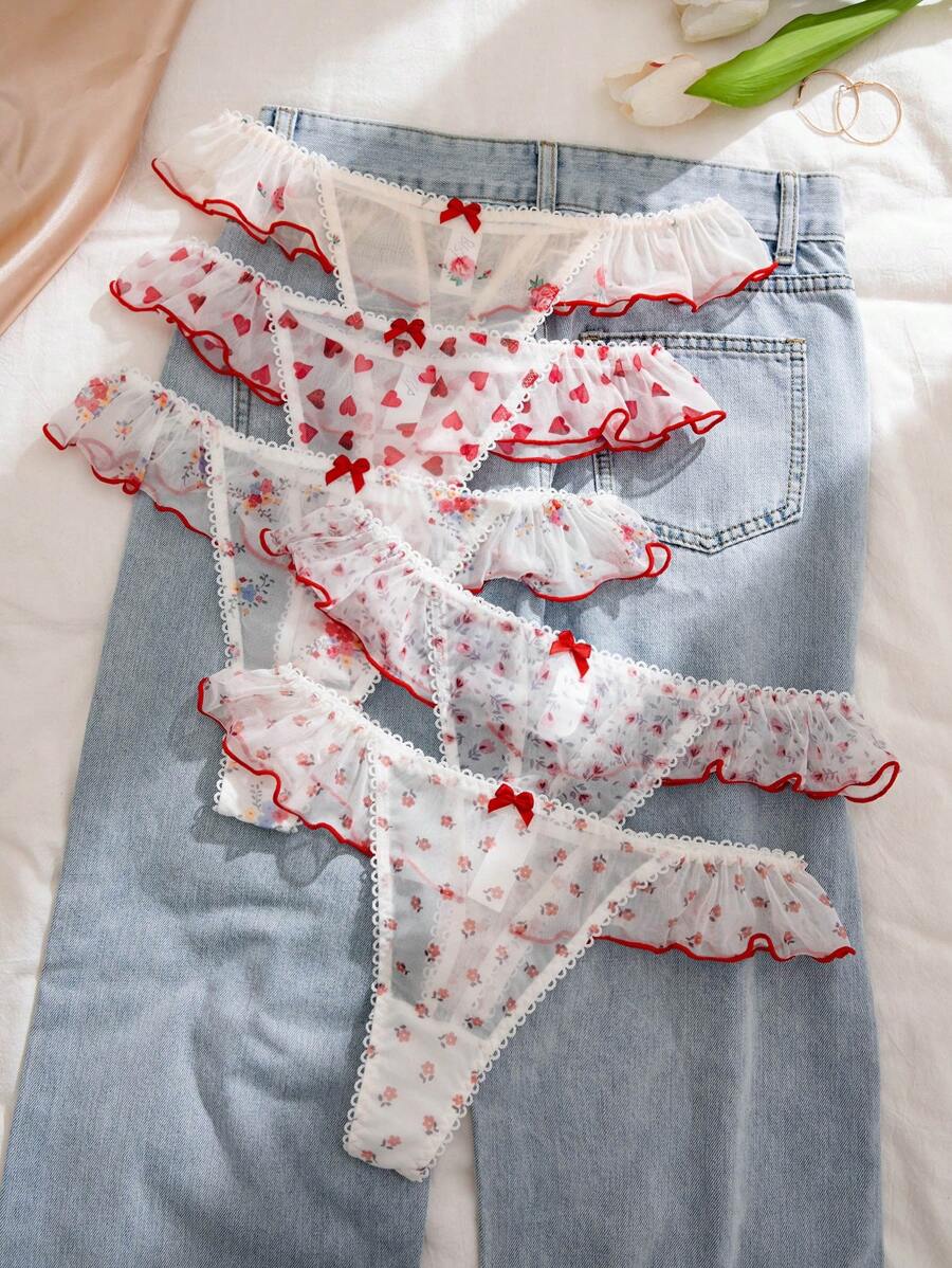 PetitDoll PetitDoll 5pcs Cute Printed Mesh Breathable Ruffled Sexy Thongs Panties Lingerie
