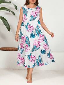 EMERY ROSE 大尺碼女性夏季假日風格熱帶植物印花寬鬆無袖背心連衣裙 - 白色 - 查看 4