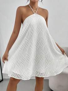 SHEIN Frenchy Women's White Halterneck Backless Sleeveless Patterned Textured Fabric Summer Dress  Summer Clothes  Mother Day Dress  Mother Day Outfit  Graduation White Dress  Summer Dress New Year Party Chic Sexy Beach - White - View 4
