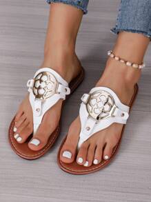 Women's Round Buckle Flat Sandals Slippers Flip Flops Solid Color Open Toe Non-Slip Slippers, Outdoor And Indoor - White - View 6
