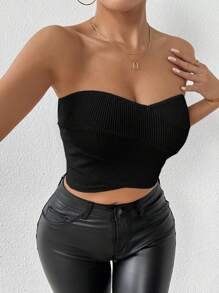 SHEIN Raffinéa Top corto de punto acanalado delgado de diseño strapless de unicolor para mujer en verano - Negro - Ver 6