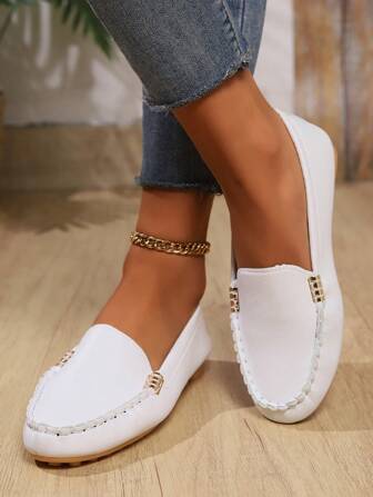 Höst/Vinter Nya Plusstorlekar Dam Vår/Sommar Lätta Mjuka Platta Slip-On Skor, Bekväma Enfärgade Metallspänne Rund Tå Vardagskläder, Andningsbara Vardags-/Pendlingsskor, Blommigt Broderitryck Vita Mode Vardagsskor, Sneakers För Dam