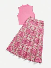 Breezaya Femmes ensemble jupe et top simple couleur unie sans manches