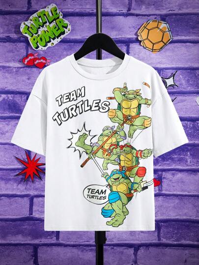 TEENAGE MUTANT NINJA TURTLES | SHEIN T-shirt surdimensionné à épaules basses, graphique de lettre et de dessin animé pour garçon préadolescent pour l'été