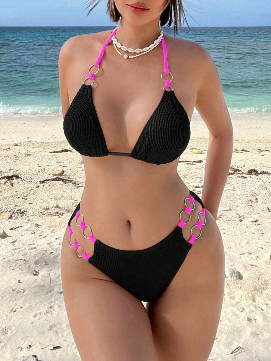 SHEIN Swim 對比色環飾後頸掛脖綁帶露背假日風夏季比基尼套裝 - 彩色 - 查看 1
