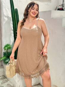 Dreamara Plus-Size Women's Textured Mesh Fabric Fringe Holiday Casual Cross-Strap Semi-Transparent Dress - Khaki - View 4