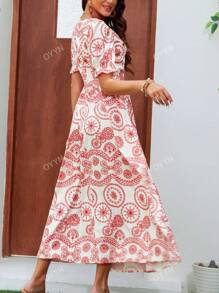 Vestido largo con cuello en V y estampado retro francés, reunido en la cintura, estilo de oscilación largo para mujeres europeas y americanas de nueva temporada primavera-verano