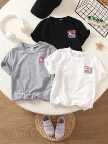 SHEIN Conjunto de 3 piezas de camisetas divertidas y lindas con diseño de tiburón de moda callejera para niño joven, adecuadas para verano, uso diario, escuela, exteriores y vacaciones