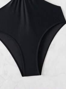 SHEIN Swim 假日純色扭結空心3D花卉裝飾連身泳衣，夏季海灘 - 黑色 - 查看 6