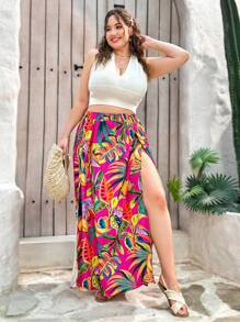 Dreamara 大码女式乡村节日双开衩玫瑰红热带印花长款休闲度假风飘逸舒适半身裙 - 彩色 - 查看 6