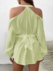 SHEIN Privé Women's Spring/Summer Romantic Open Shoulder Long Sleeve Cardigan With Drawstring - Mint Green - View 2