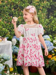 SHEIN Young Girl Sweet & Lovely Butterfly Printed Bubble Sleeve Dress With Lace & Mesh Contrast