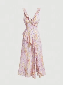 SHEIN MOD Base Purple Ombre Floral Print Romantic Asymmetric Hem Dress With Ruffle Trim For Spring/Summer