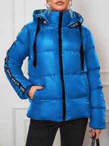 SHEIN Cottnline Letter Tape Panel Zip Up Drawstring Hooded Puffer Coat - Blue - View 3