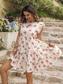 SHEIN VCAY Women Round Neck Floral Print Ruffle Hem Vacation Dress