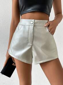 Zolique Women Summer Fashionable Casual Short Leather Shorts - Silver - View 5