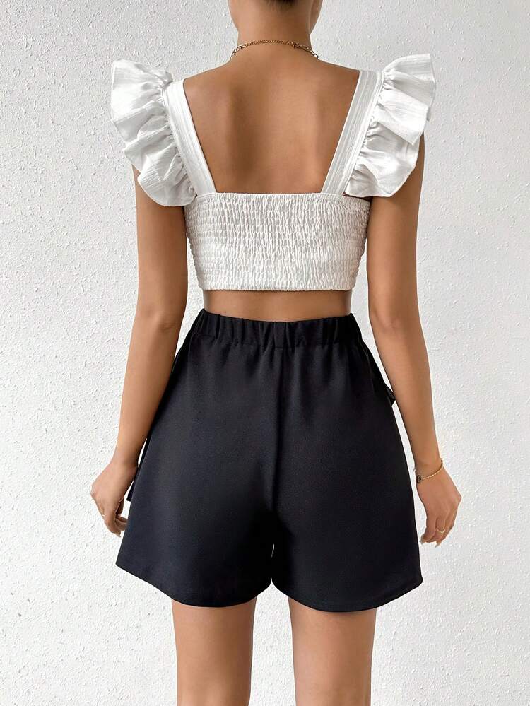Women Summer Black High-Waisted Shorts With Asymmetrical Frilly Edge